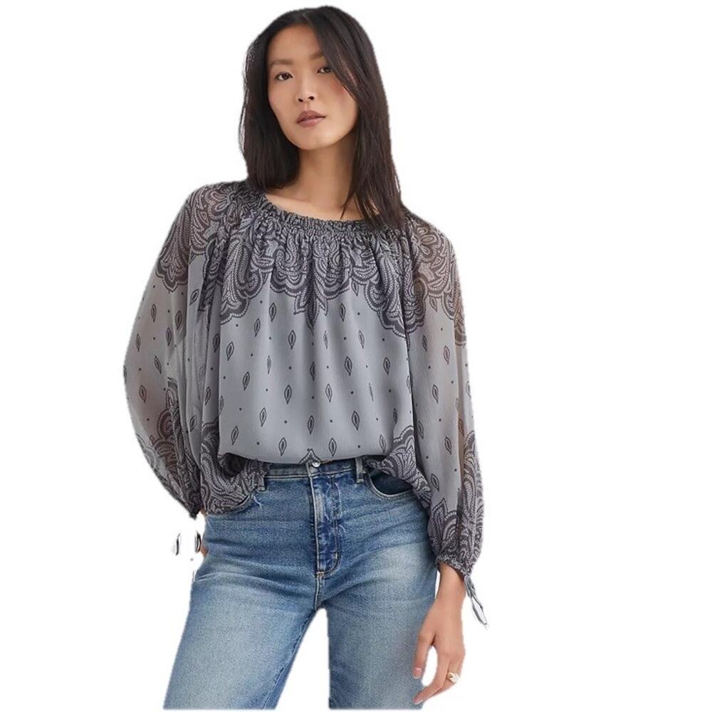 Loft Womens Peasent Blouse Gray Ruffle Neck Tie Cuff